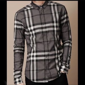 Mens Burberry Brit Exploded Check Grey/Black Long Sleeve Dress Shirt Size XL.